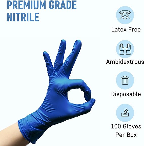 Dre Health Powder Free Disposable Nitrile Gloves - Pack of 100 - Medical Exam Gloves